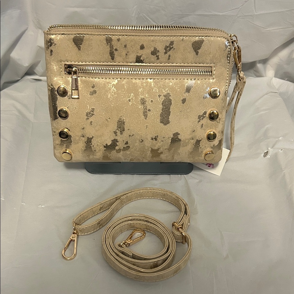 New Carolina Hill Gold Metallic Wristlet Crossbody Bag with Stud Detail
